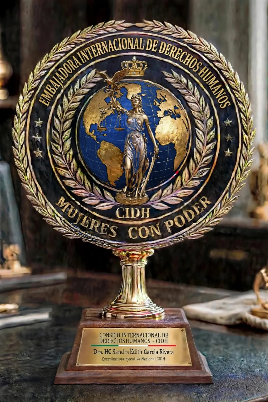 Galardón Mujeres con Poder: sello del Consejo con la Justicia, el globo azul, el águila y la corona, sobre base de madera con placa dorada